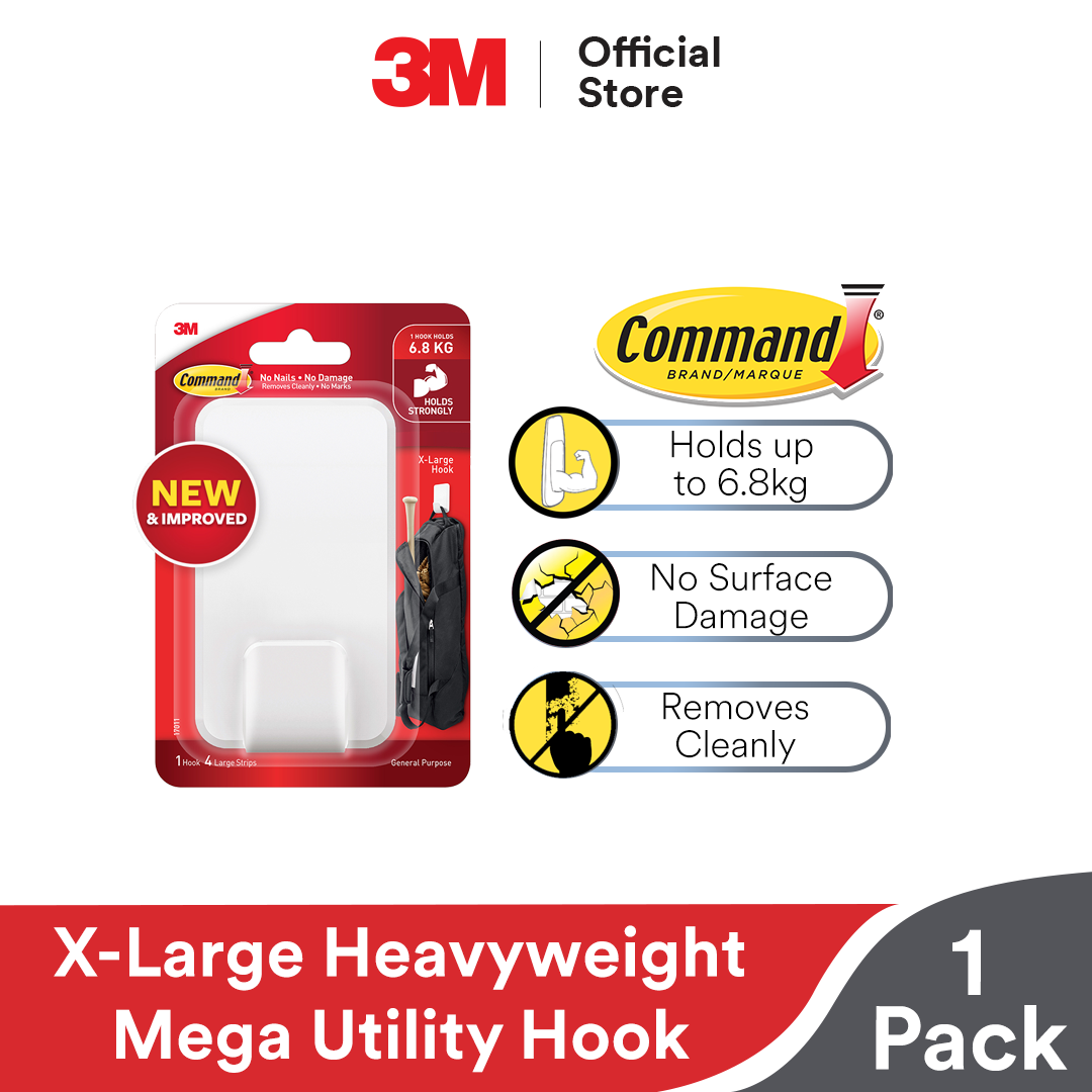 3M Command Wall Mounted Mega Utility Hook - Damage Free Removable w/ Strong Adhesive (Holds up to 6.8kg) [1 pcs/pck]