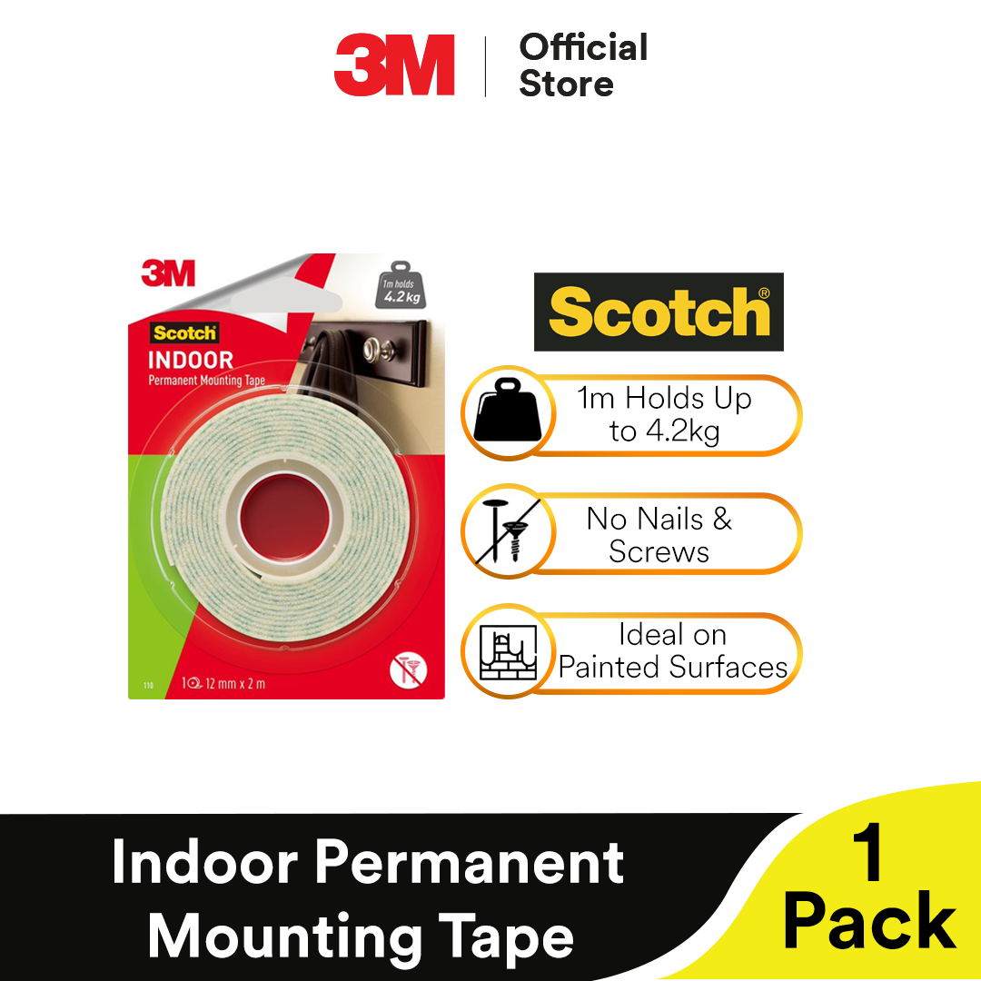 3M Scotch Indoor Permanent Mounting Multipurpose Indoor Usage Double-sided Acrylic Foam Tape (12mm X 2m) (1 Roll)