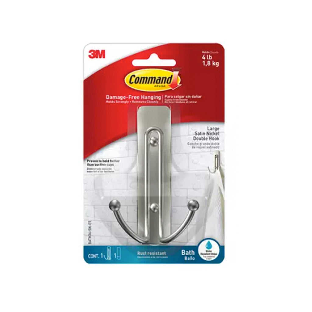 3M Command Bath Large Satin Nickel Double Hook (Holds Up To 1.8kg) (1pcs/pck) Wall Adhesive