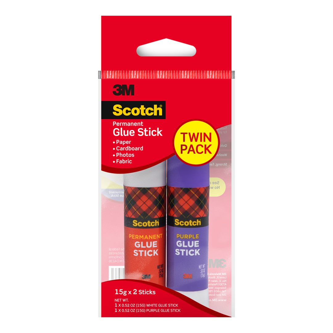 3M Scotch Permanent Adhesive Purple & White Glue Stick - Multipurpose Child Safe Home Office Stationary Glue (8g/15g)